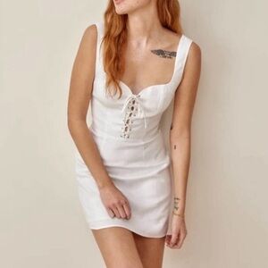 Reformation Elettra Linen Dress White Tie Bust Thick Button Strap Mini SIZE 4